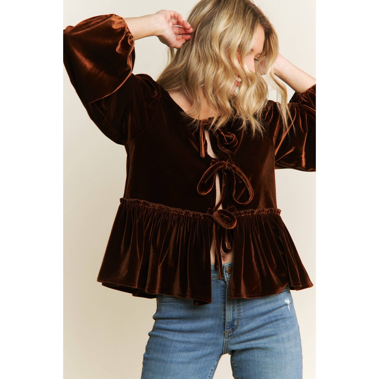 VELVET OPEN FRONT BABYDOLL LONG SLEEVE BLOUSE