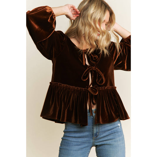 VELVET OPEN FRONT BABYDOLL LONG SLEEVE BLOUSE