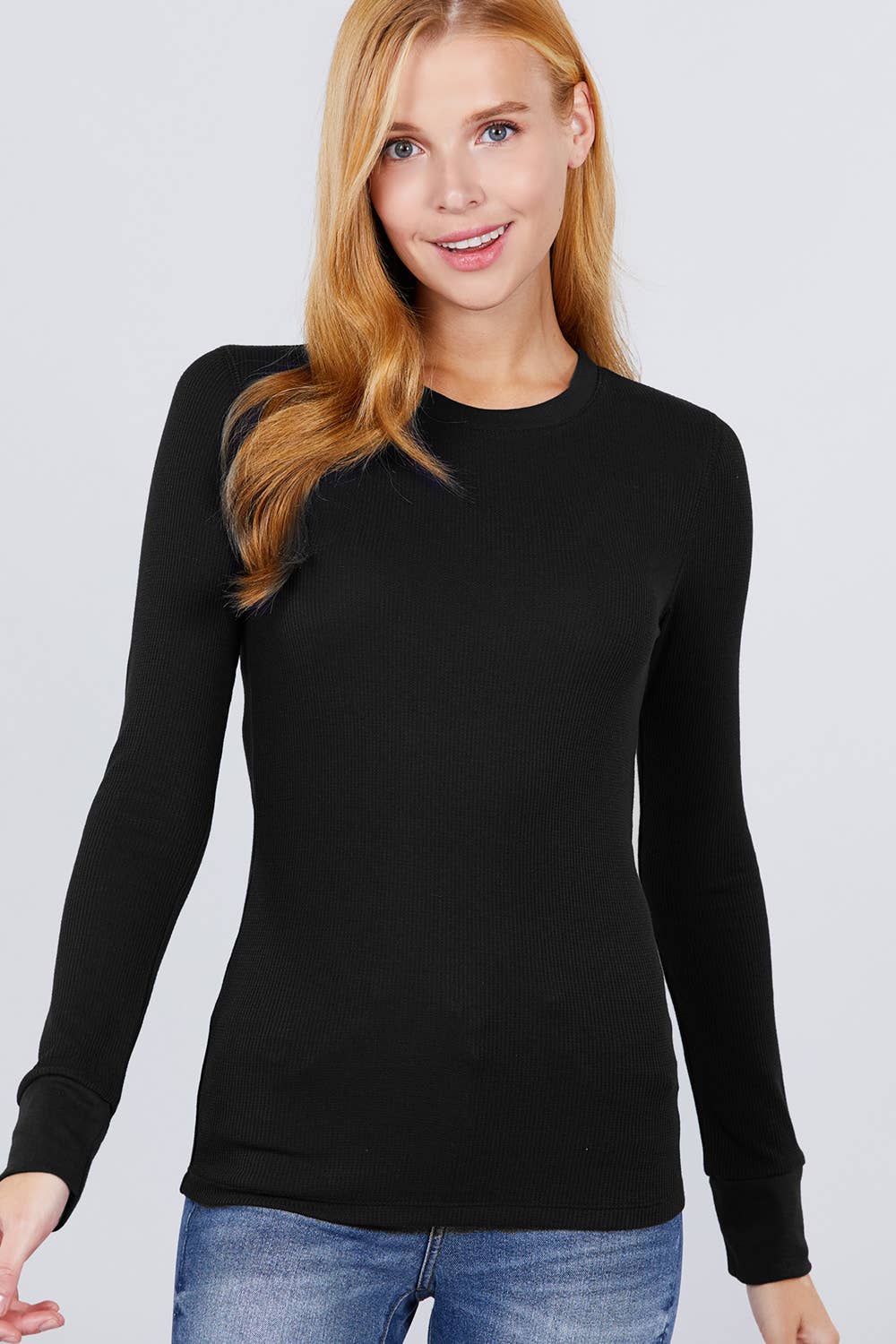FITTED LONG SLEEVE CREW NECK THERMAL RIBBED TOP