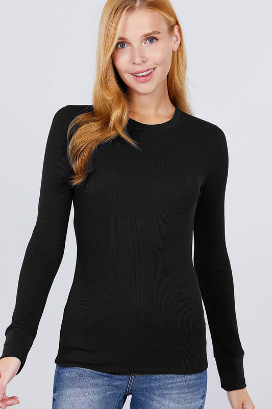 FITTED LONG SLEEVE CREW NECK THERMAL RIBBED TOP