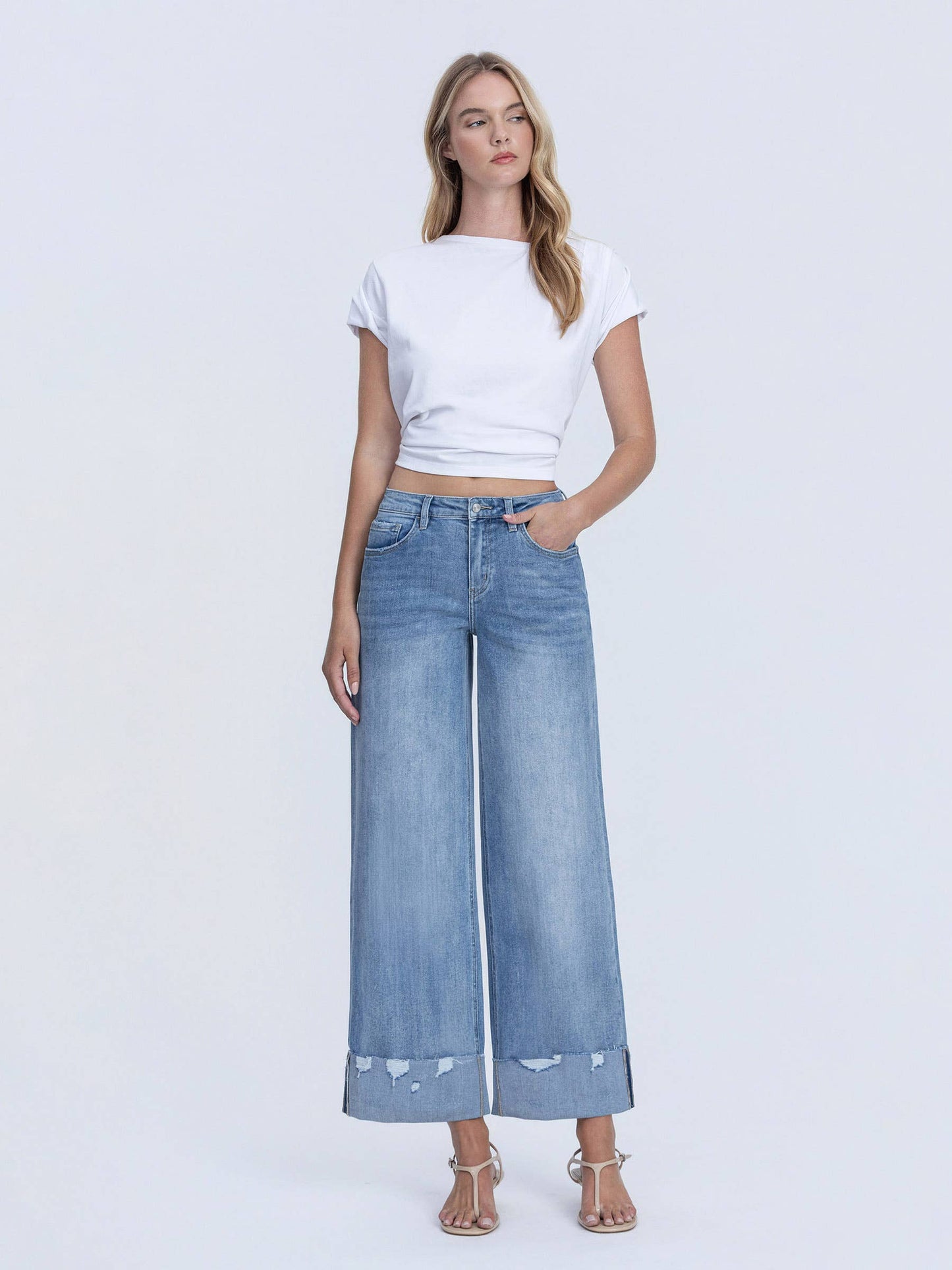 LOVERVET By Vervet HIGH RISE MEDIUM WASH CUFFED WIDE JEANS