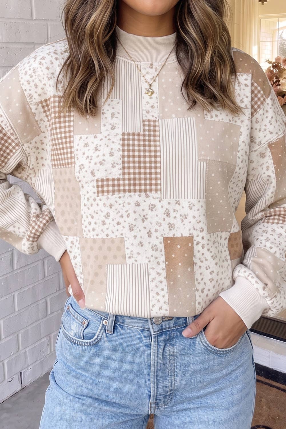 Tan Patchwork Mock Neck Top