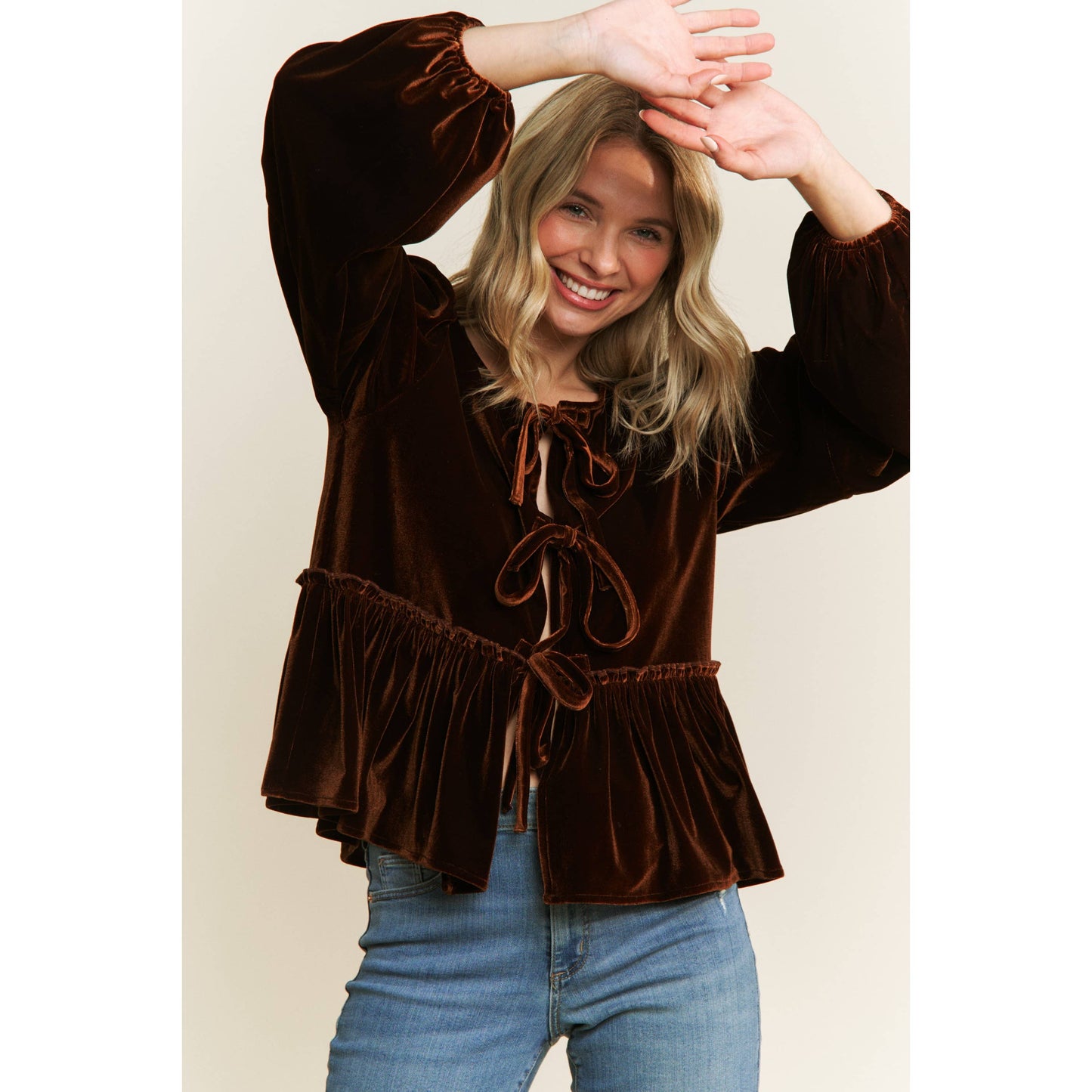 VELVET OPEN FRONT BABYDOLL LONG SLEEVE BLOUSE