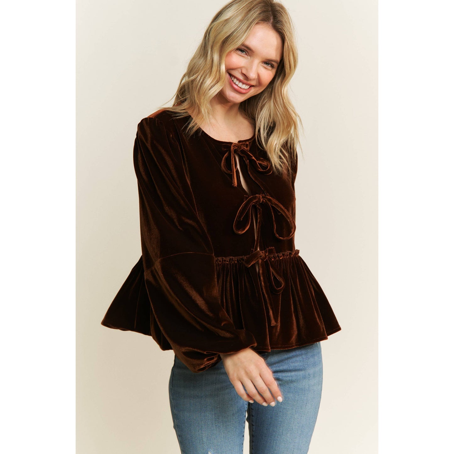 VELVET OPEN FRONT BABYDOLL LONG SLEEVE BLOUSE