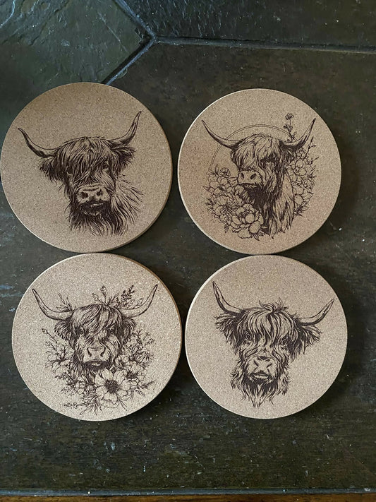 Set of 4 Highland Cow Cork Coasters