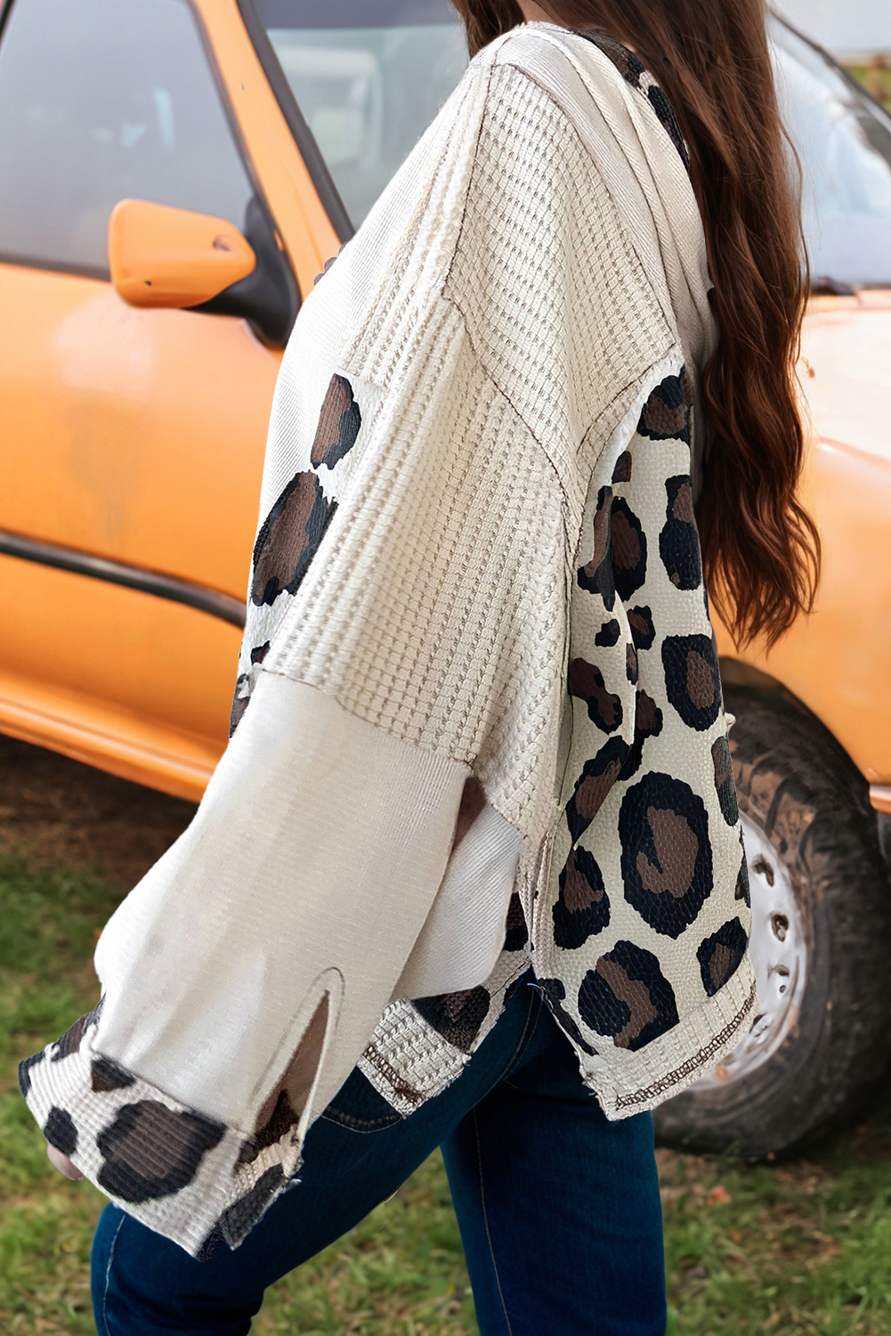 Leopard Texture Patched Zip Up Hoodie