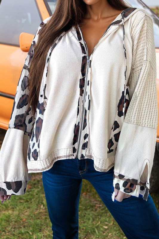 Leopard Texture Patched Zip Up Hoodie