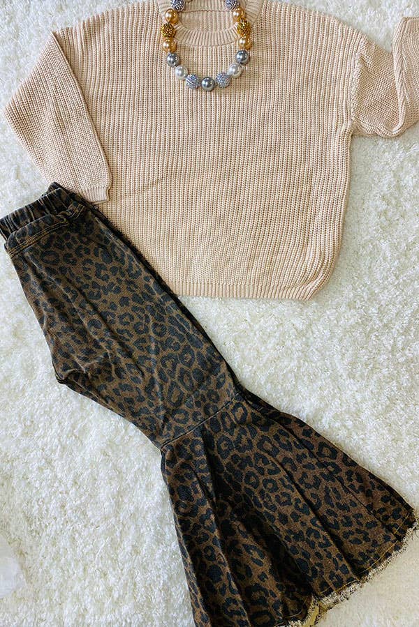 LITTLE COWGAL LEOPARD DENIM BELL BOTTOMS