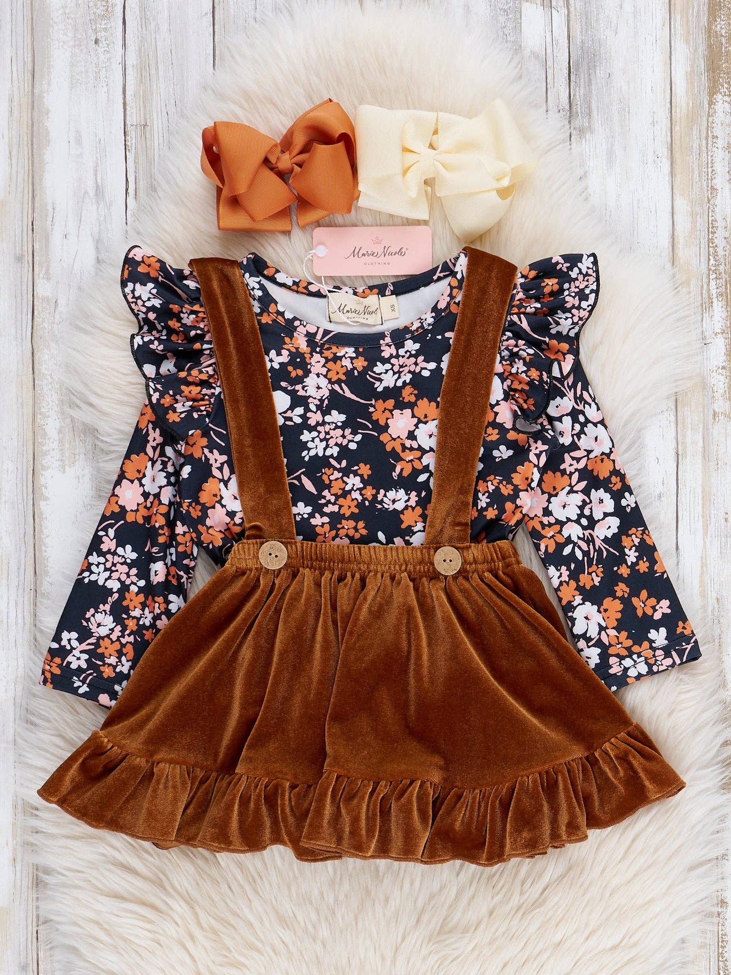 Black & Bronze Floral Velvet Ruffle Skirt Set
