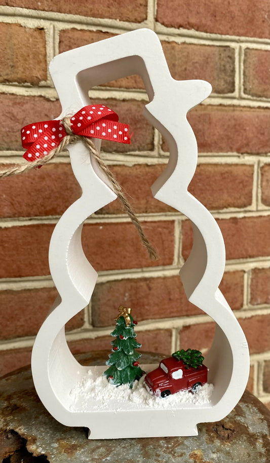 Wooden Snowman Red Truck