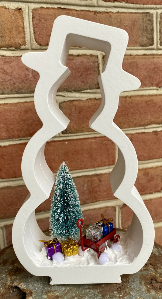 Wooden Snowman Red Wagon