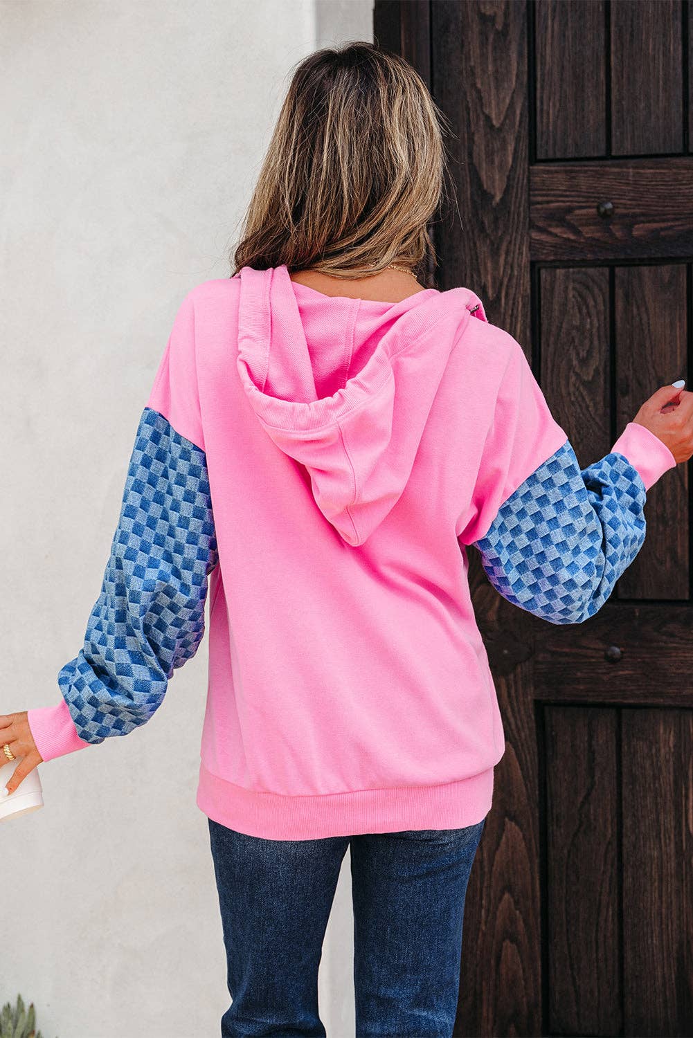 Hot Pink Denim Checkered Hoodie