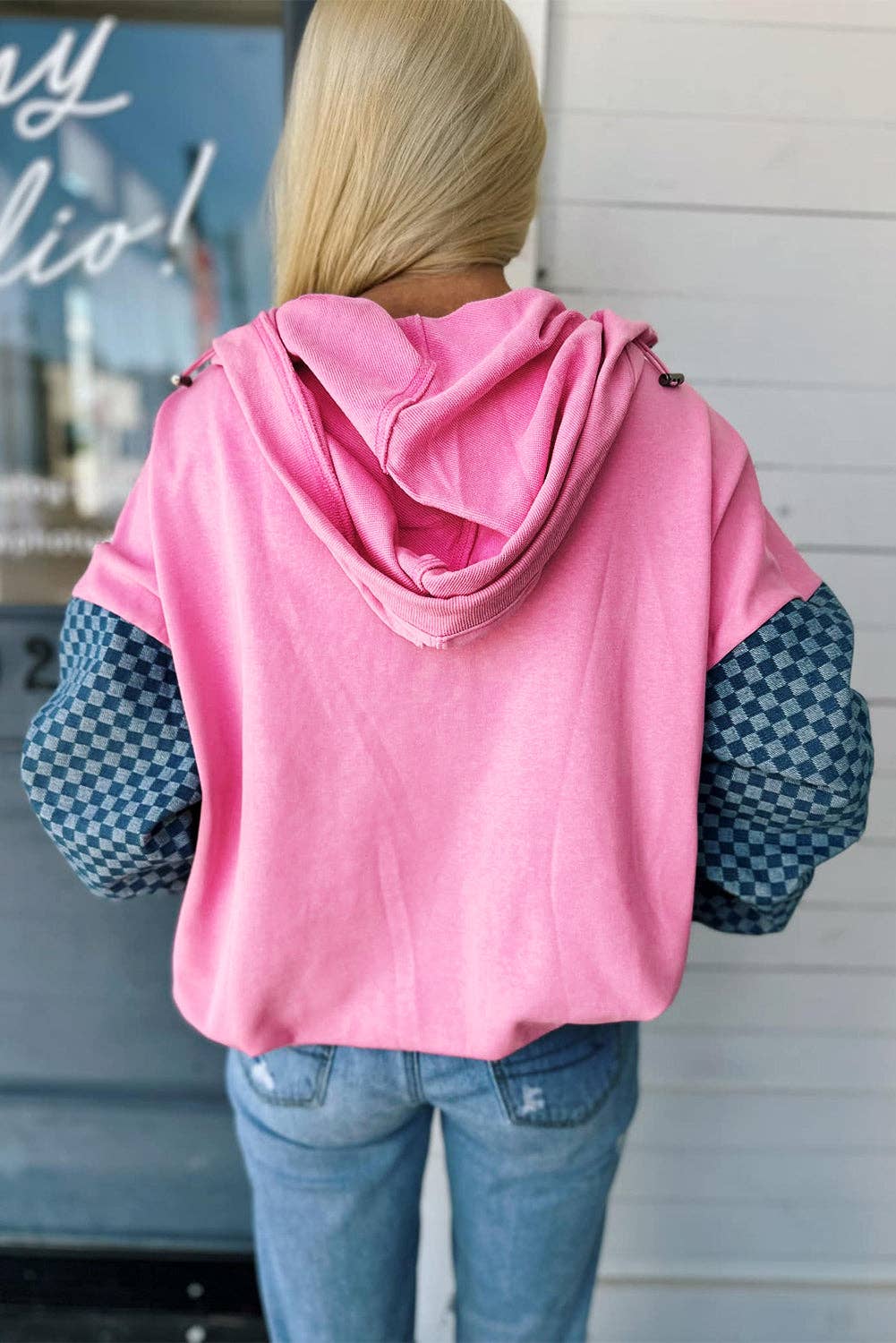 Hot Pink Denim Checkered Hoodie