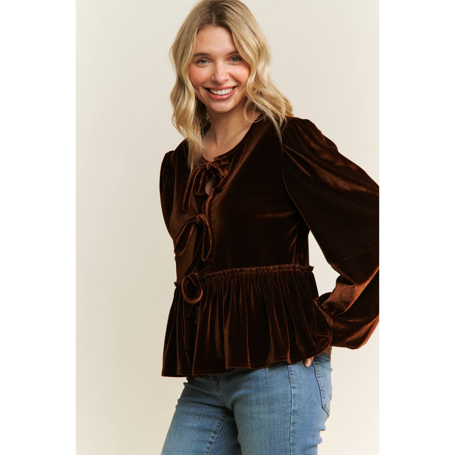 VELVET OPEN FRONT BABYDOLL LONG SLEEVE BLOUSE