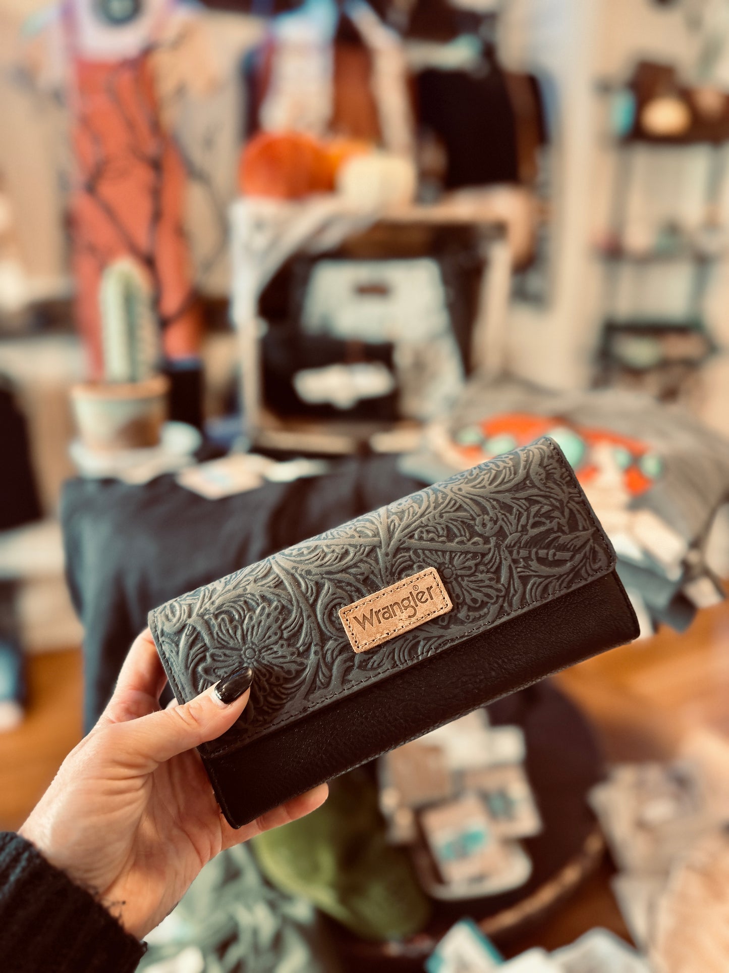 Wrangler Western Floral Tooled Tri-fold RFID Wallet/Wristlet