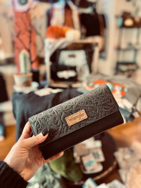 Wrangler Western Floral Tooled Tri-fold RFID Wallet/Wristlet