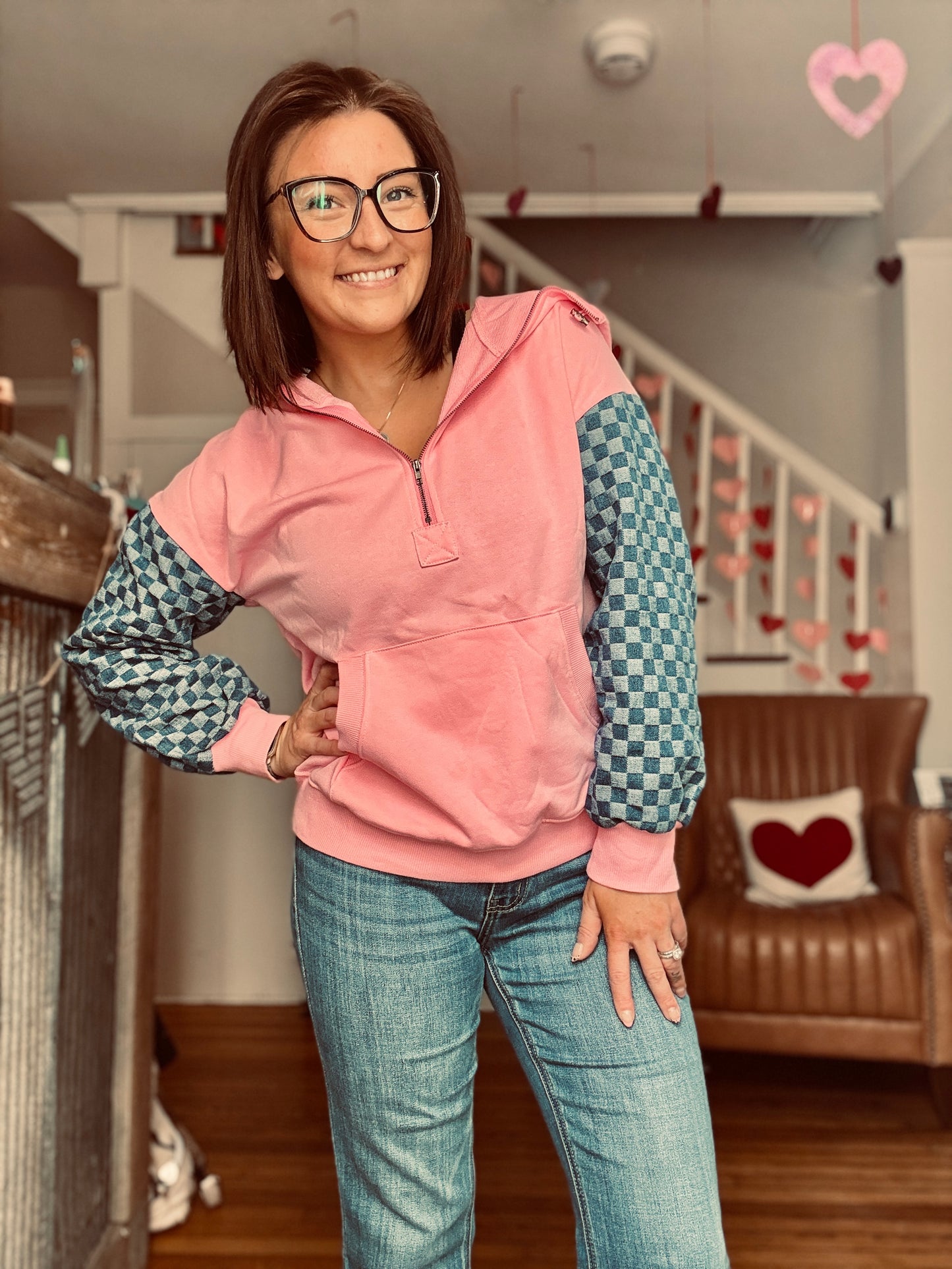 Hot Pink Denim Checkered Hoodie