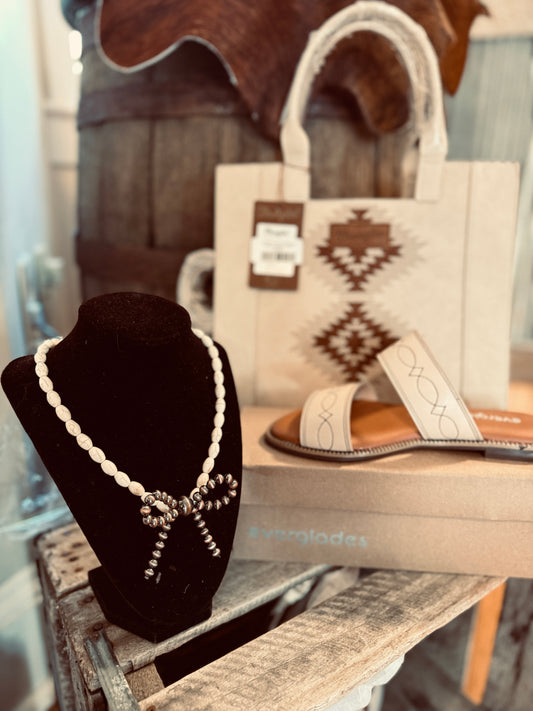 White Bead Bow Necklace