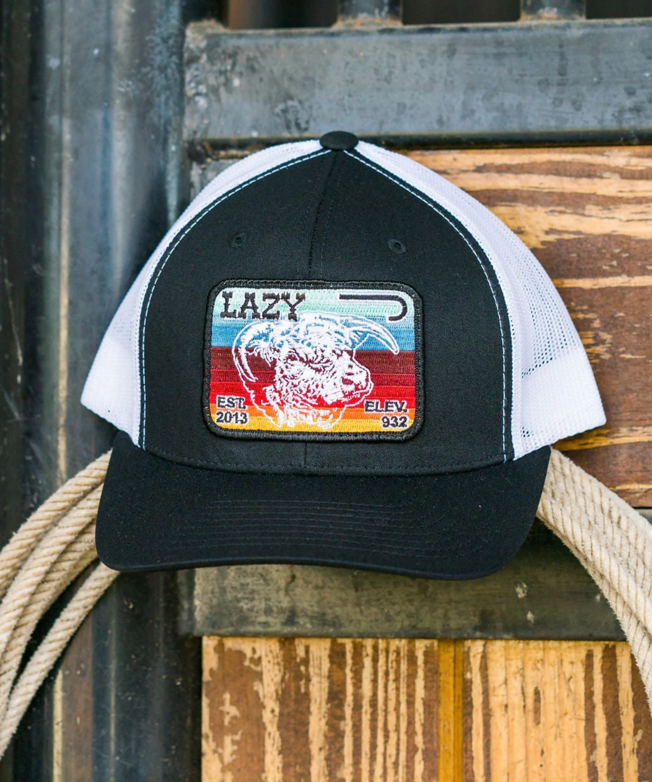 Lazy J Ranch Black & White Serape Elevation Mid Profile Trucker Hat