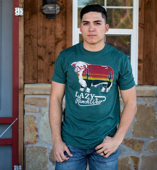 Lazy J Ranch Sunrise Bull Short Sleeve T-Shirt - Heather Forest Green