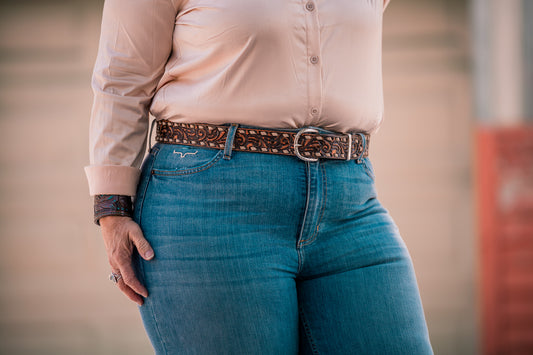 White Stitch Vintage Tooled Leather Belt