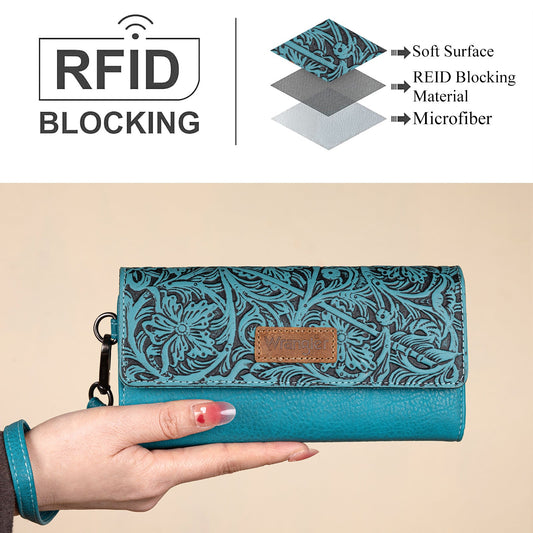 Wrangler Western Floral Tooled Tri-fold RFID Wallet/Wristlet