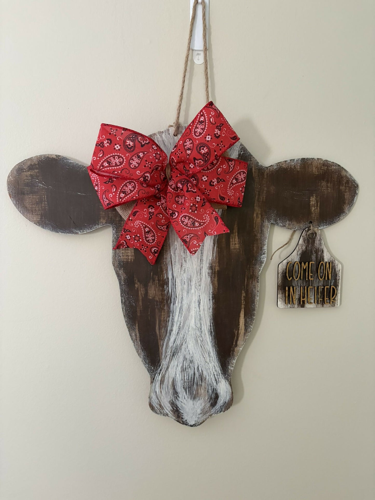 Red Bow Wooden Cow Door Hanger