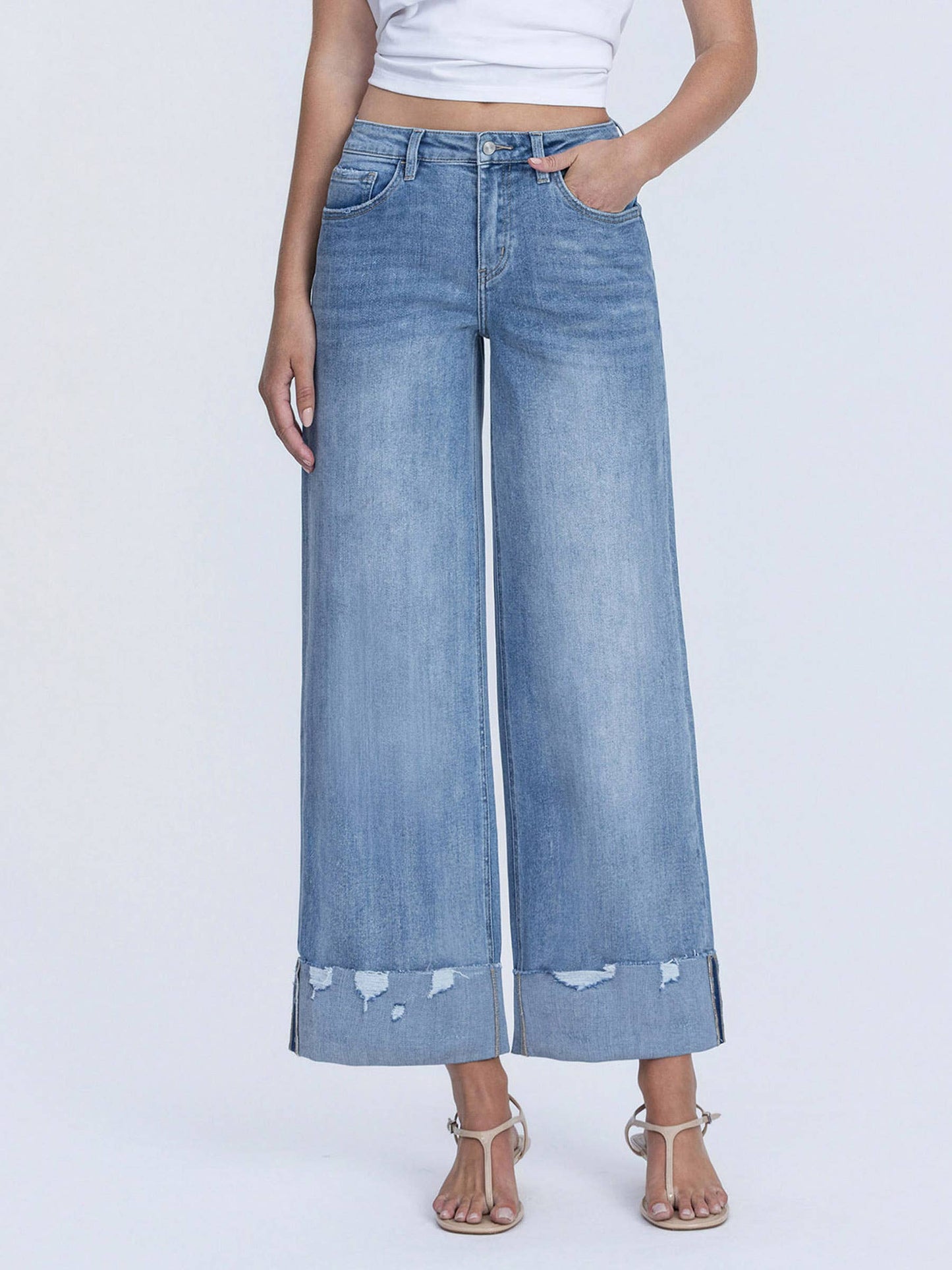 LOVERVET By Vervet HIGH RISE MEDIUM WASH CUFFED WIDE JEANS
