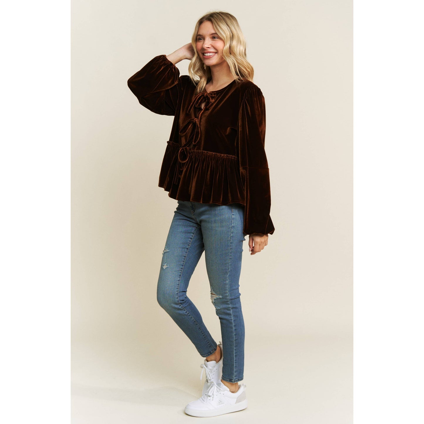VELVET OPEN FRONT BABYDOLL LONG SLEEVE BLOUSE