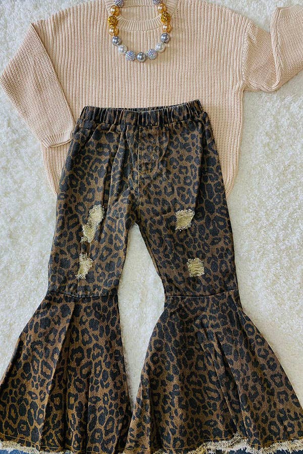 LITTLE COWGAL LEOPARD DENIM BELL BOTTOMS