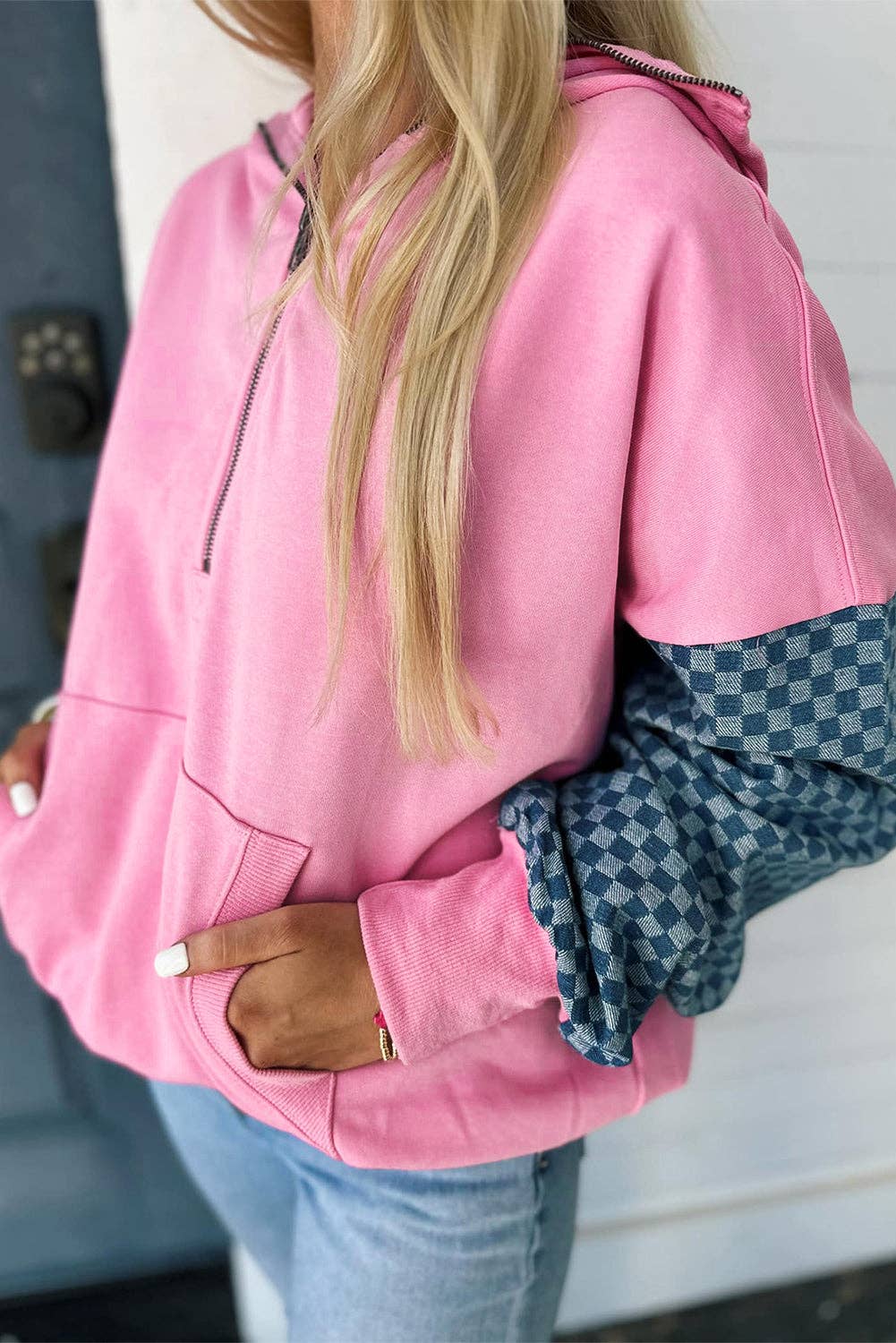 Hot Pink Denim Checkered Hoodie