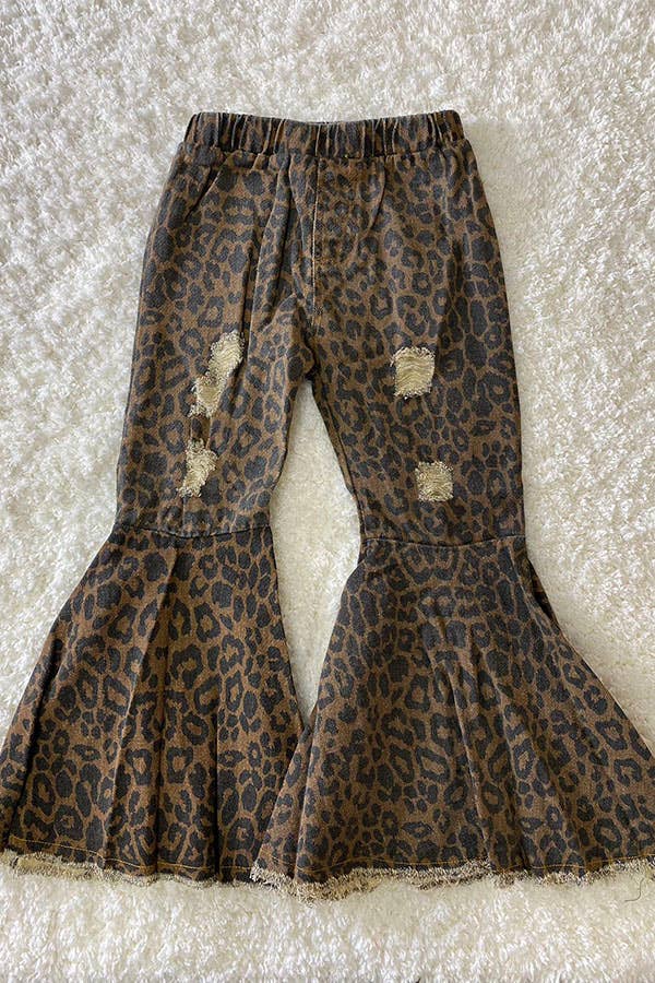 LITTLE COWGAL LEOPARD DENIM BELL BOTTOMS