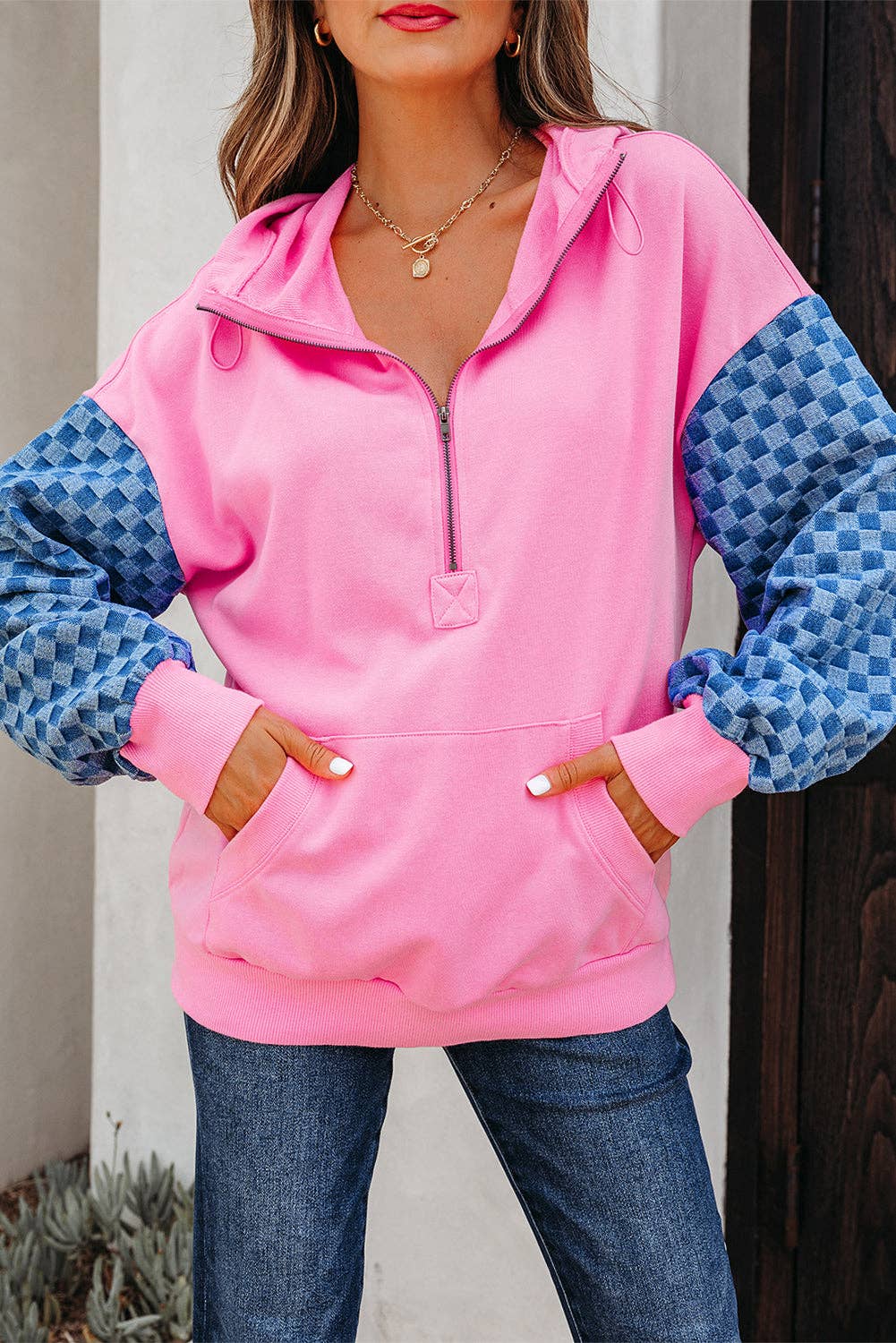 Hot Pink Denim Checkered Hoodie
