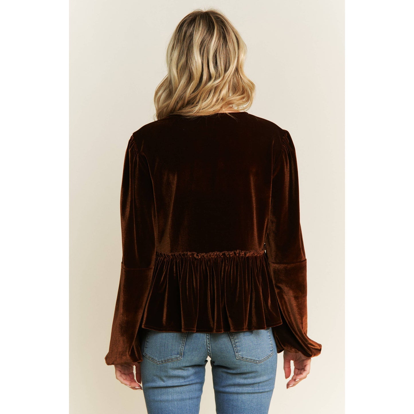 VELVET OPEN FRONT BABYDOLL LONG SLEEVE BLOUSE