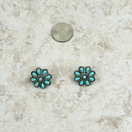 Small Silver and Turquoise Stone Floral Concho Stud Earrings