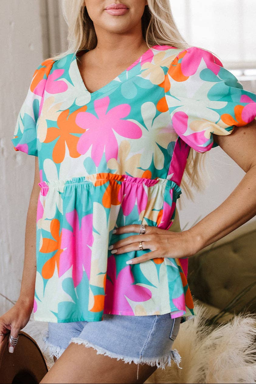 Floral Bubble Sleeve V-Neck Blouse