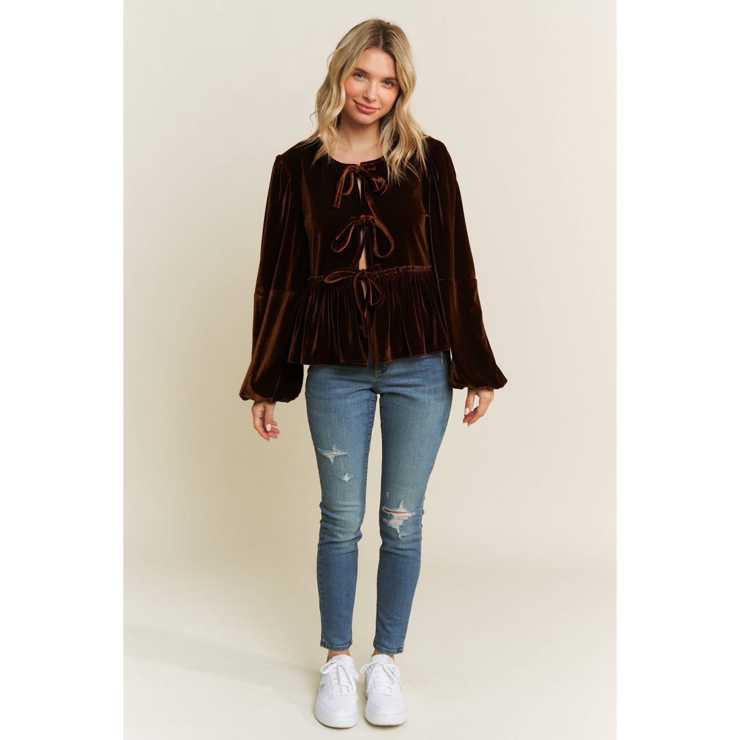 VELVET OPEN FRONT BABYDOLL LONG SLEEVE BLOUSE