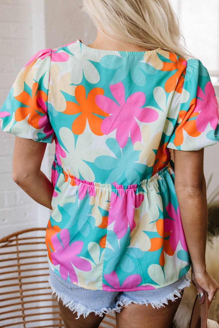 Floral Bubble Sleeve V-Neck Blouse