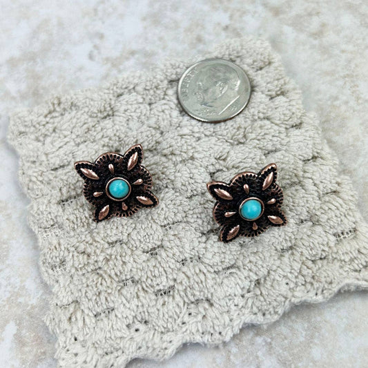 Cooper Blue Turquoise Stone Concho Stud Earrings