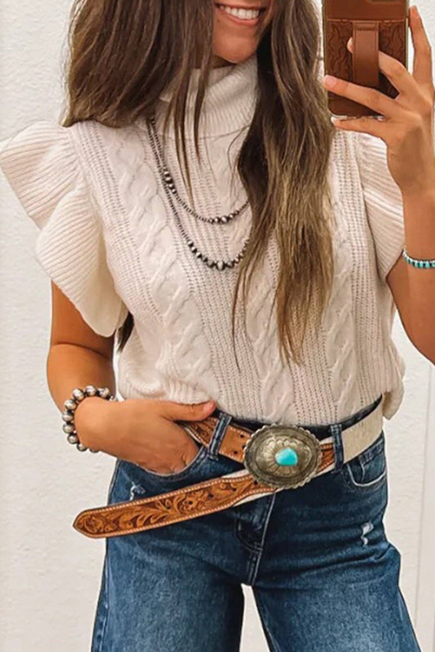 Western Knit Turtleneck Ruffle Sweater Top