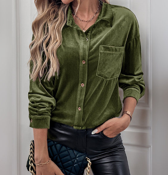 Deep Green Velvet Button Top