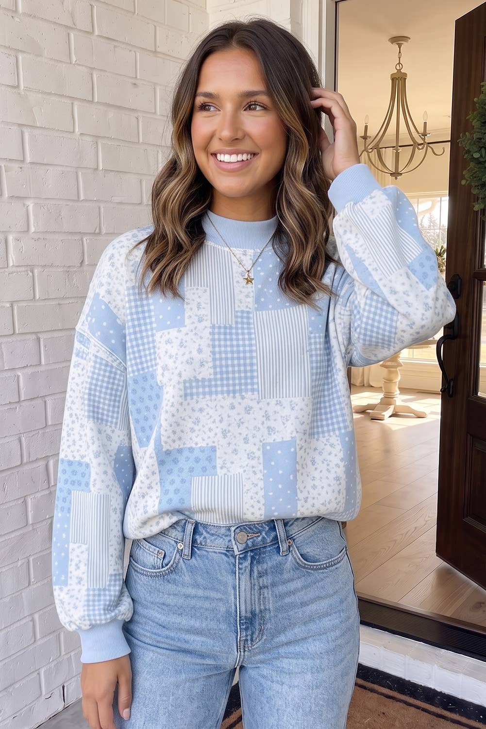 Tan Patchwork Mock Neck Top