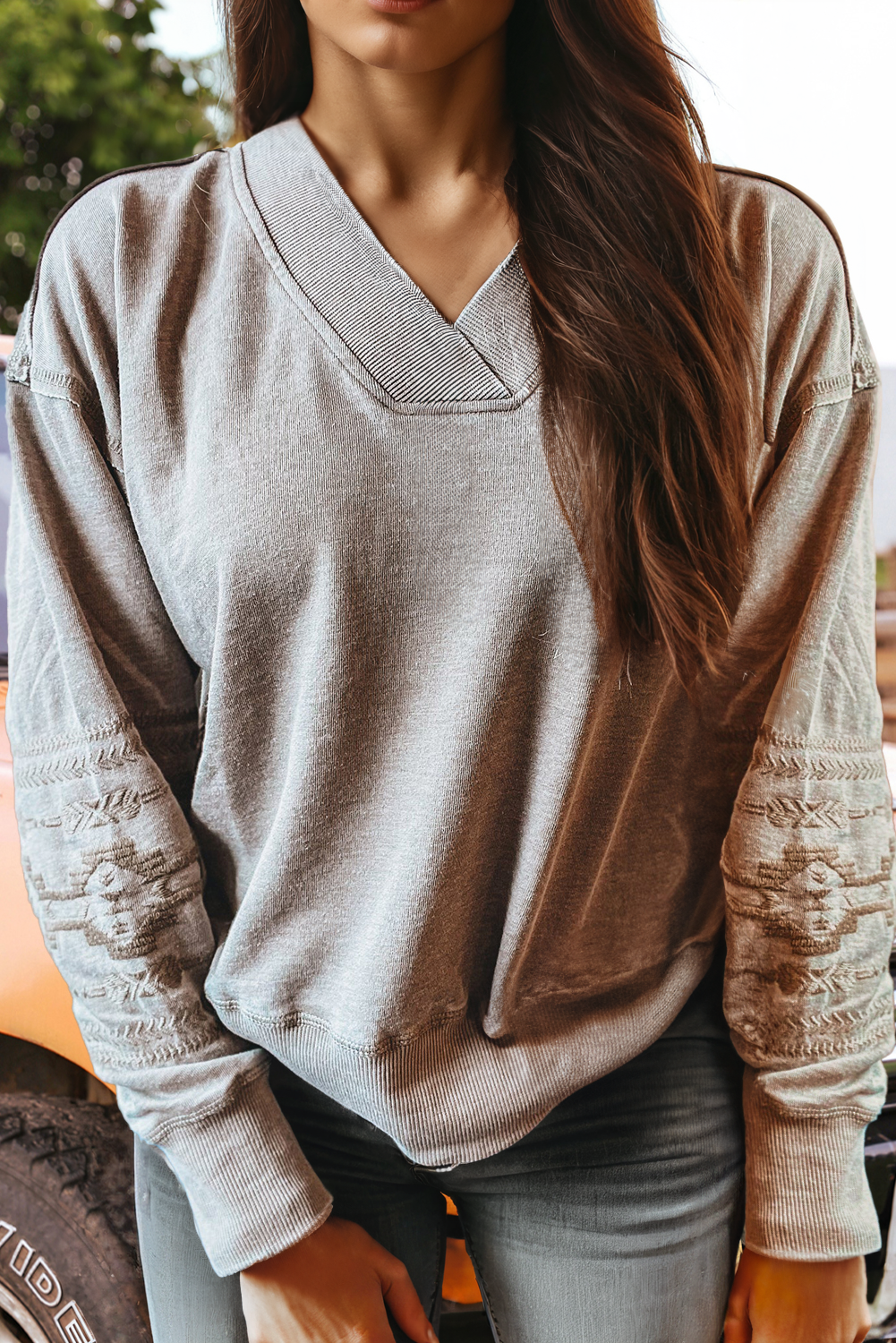 Western Embroidered Sleeve Top