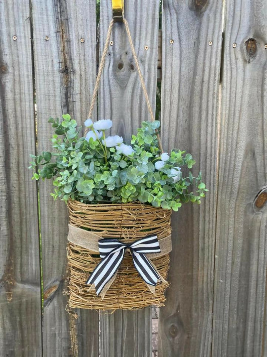 Greenery White Flowered Basket Hanger