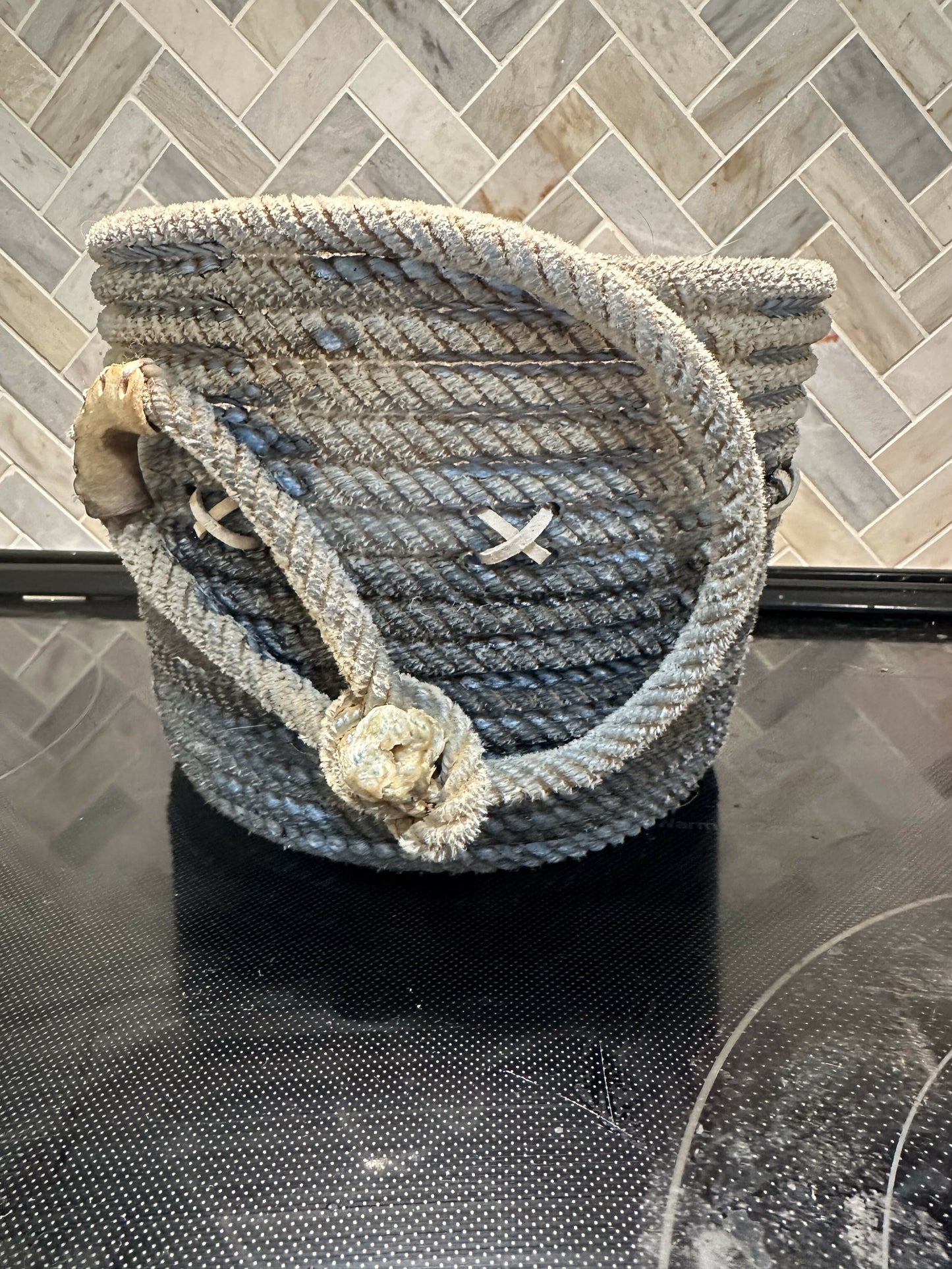 Blue Crock with leather stitching